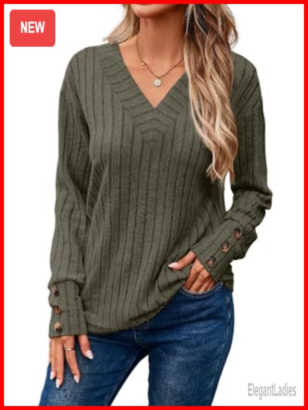 Dokotoo Womens Long Sleeve V-Neck Knitted Pullover Sweater